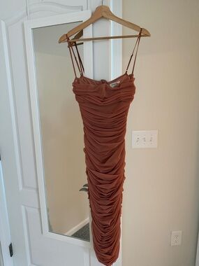 House of CB Ruched Midi Slip Dress in Rust - Women